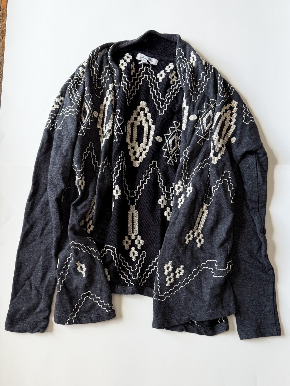 Lucky Bliss California Brand Dark Grey Cardigan with Cream Geometric Stitching